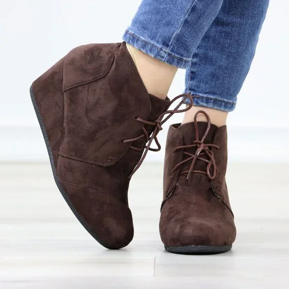 Brown Ankle Boots Wedge Heel Faux Suede Round Toe Lace Up - Picture 9 of 15